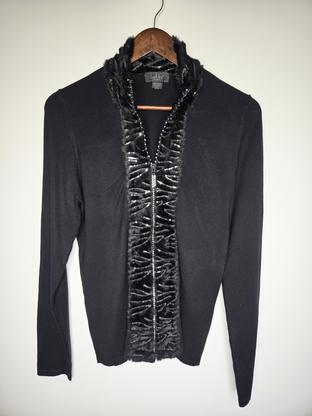 Belldini Black Faux Fur Sequin Trim Rhinestone Zip Mock Neck Cardigan Sweater M